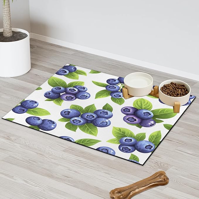 Blueberry Fruit Dog Food Mat for Floors Absorbent Dog Bowl Mat for Food and Water Dispenser Quick Dry Cat Food Placemat Pet Supplies 17" x 30", Green Leaves