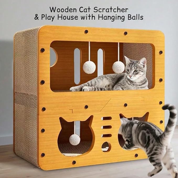 Multi-Function Cat Scratcher House Box,3-in-1 Scratch Pad and Soft Bed & Play Cave with Toys, Durable Build & Ideal for Cats/Kitty (Yellow,MD-CAT2)