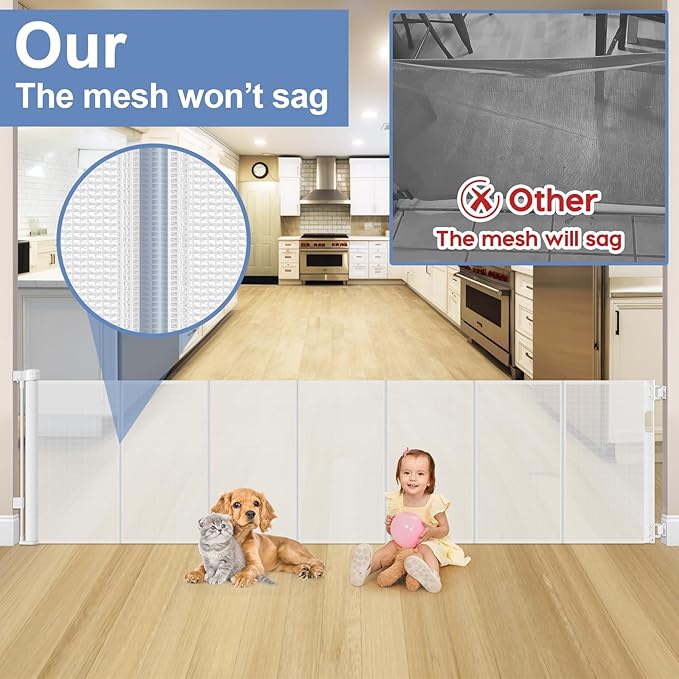 Reinforced 120 Inch Extra Wide Retractable Baby Gates Extra Wide Baby Gates for Large Openings 33 Inch Tall Retractable Dog Gate for The House 10ft Long Dog Gate Indoor Barrier with Reinforced Strips