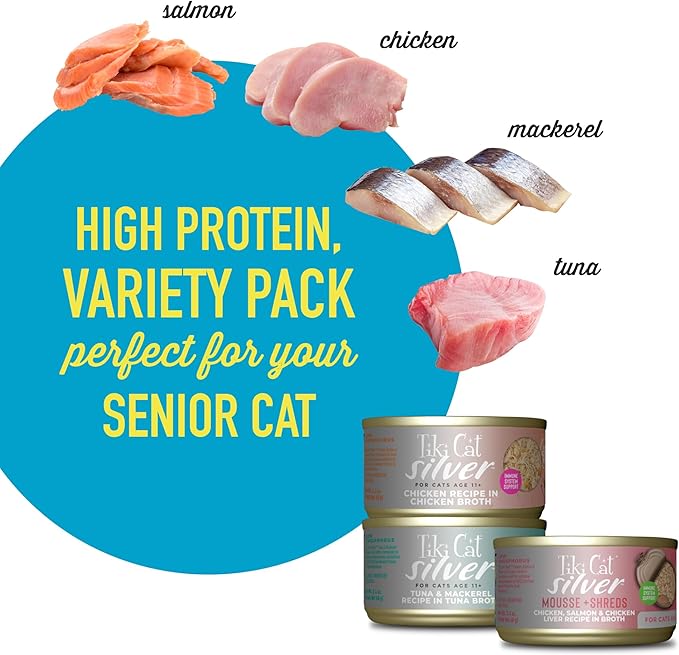 Tiki Cat Silver Variety Pack,Immune System Support Formulated for Older Cats Aged 11+,Senior Wet Cat Food,2.4 oz. Can,12 Count (Pack of 2)