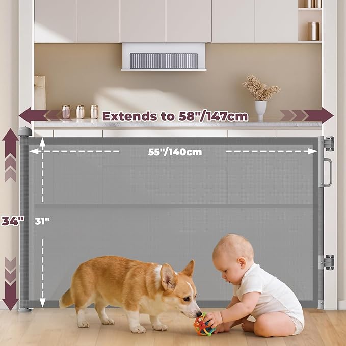 2Pack Retractable Baby Gates for Stairs, 58" Extra Wide Mesh Dog Gate for Doorways, Home Saftey Gate for Child Toddler Pet, Indoor and Outdoor Use, Easy Install, 34" Height, Gray