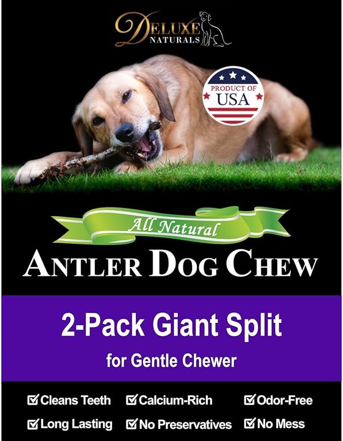 2‑Pack Giant Split Elk Antler Dog Chews – 7.5‑10 Inch Natural, Long‑Lasting Chews for Medium & Large Dogs Under 60 lbs, Center‑Split Design for Safer Chewing & Marrow Access
