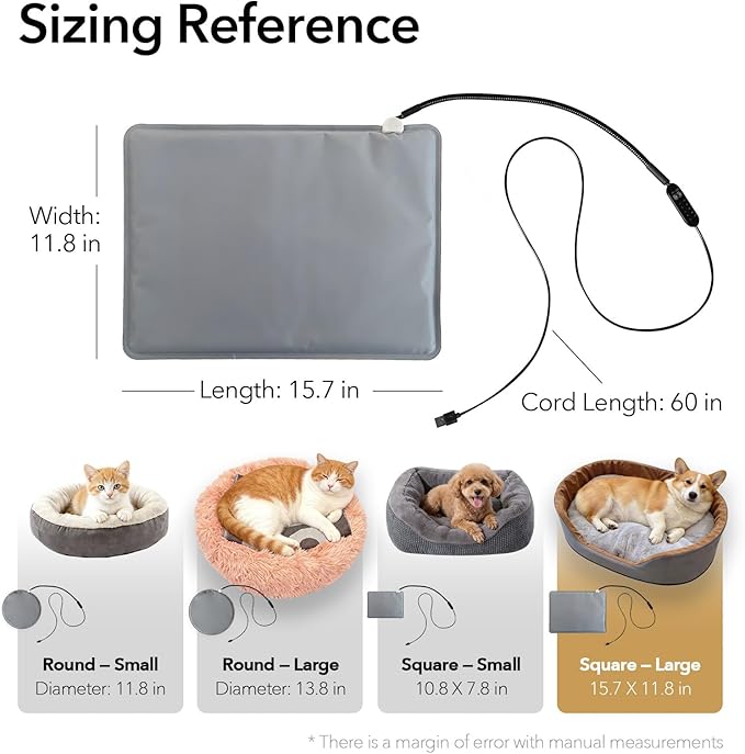 USB Pet Heating Pad – Turns Any Pet Bed Heated (Use Inside Bed), 5V/2A Required, 5-Temp & Timer, 140°F Auto Shut-Off, Waterproof Warmer for Cats/Dogs, Power Bank/Wall/Car Powered (12"x16")
