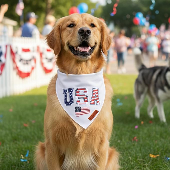 PTDECOR American Flag Dog Bandana, White USA Flag 4th of July Pet Scarf, Premium Durable Fabric, Reversible Triangle Patriotic Bandanas for Large X-Large Dogs Pets (X-Large)