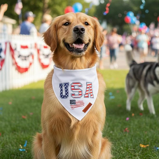 PTDECOR American Flag Dog Bandana, White USA Flag 4th of July Pet Scarf, Premium Durable Fabric, Reversible Triangle Patriotic Bandanas for Large X-Large Dogs Pets (X-Large)