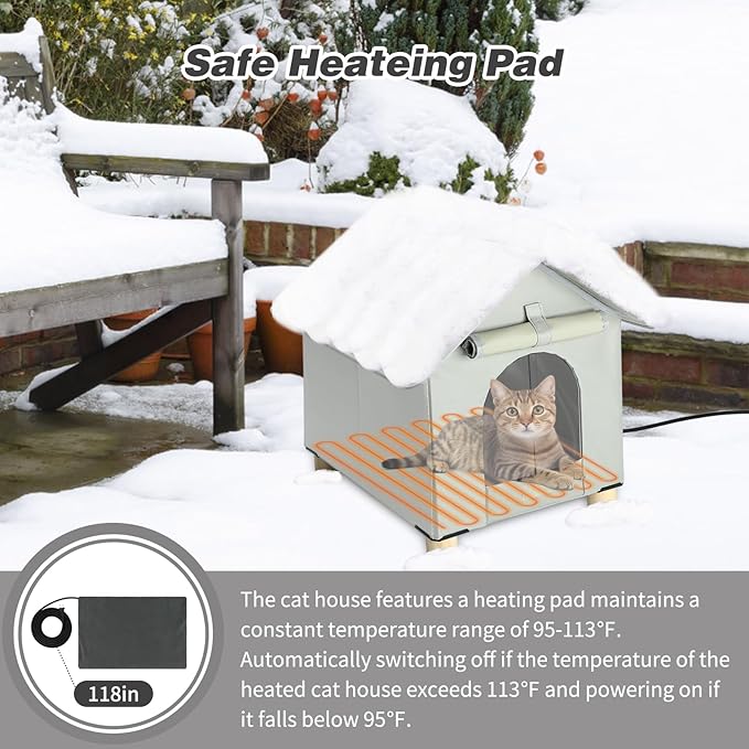 BWOGUE Elevated Heated Cat House for Outdoor Cats in Winter, Waterproof & Insulated Feral Cat Shelter for Outside Cats,Weatherproof Feral Cat House for Outside (Grey, L)