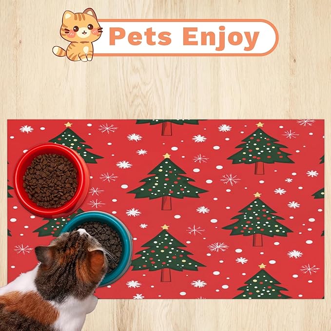 Xmas Trees Dog Food Mat for Floors Absorbent, Quick Dry Water Dispenser Mat for Food, Water, Pet Supplies 16" x 24", Winter Snowflake