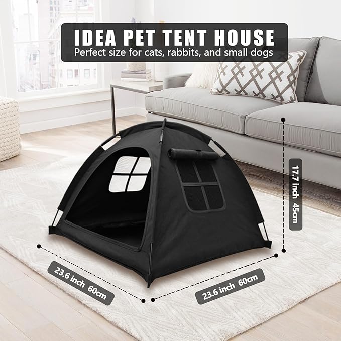 Open Design Pet Tent, Cozy Monitoring Bed for Cats & Puppies, Breathable Mesh Walls for Security & Ventilation, Indoor Outdoor Travel, Black