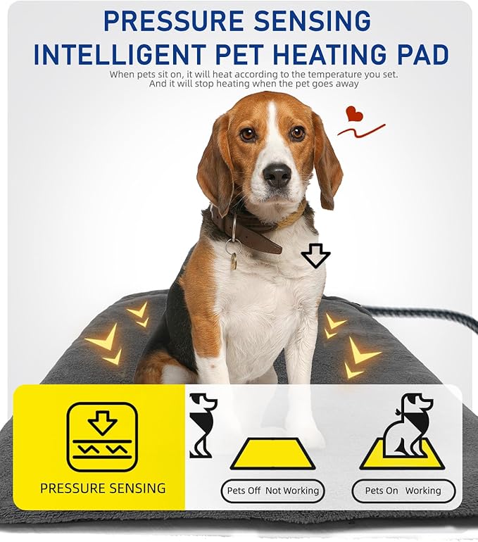 Pressure Activated Pet Heating Pad 18 x 15,Gravity Sensing,Automatic or Manual Mode,Heated Dog Bed with Timer,Adjustable Temperature