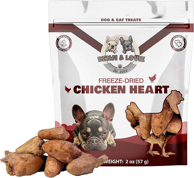 Benji & Louie Freeze Dried Chicken Heart - Natural Healthy Dog and Cat Treats, Single Ingredient, 2 oz