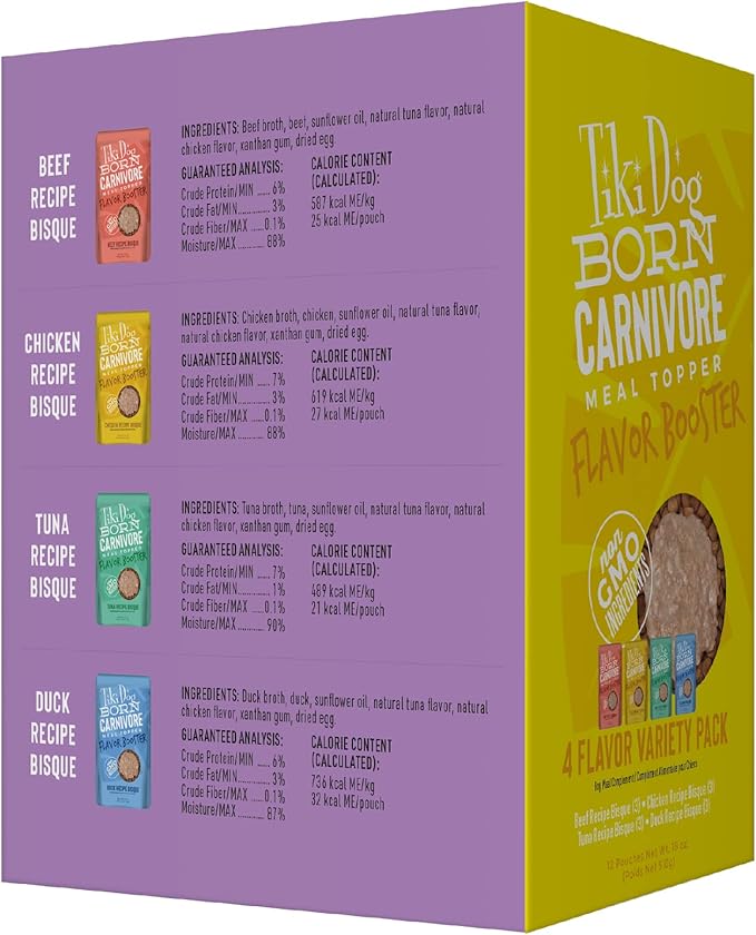 Tiki Dog Born Carnivore Flavor Booster, Variety Pack, Grain Free Wholesome Dog Food Additive, Meal Topper for All Dog Breeds and All Life Stages, 1.5 oz. Pouch, 12 Count
