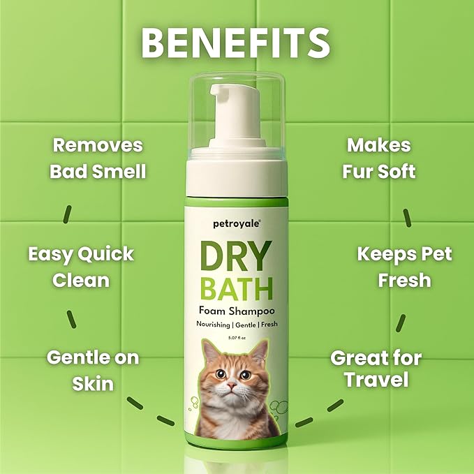 Waterless Cat Shampoo - Dry Shampoo for Cats - No Rinse Cat Shampoo - Tick, Flea & Itch Relief - Detangling Foam - Coconut & Aloe - Cat Waterless Bath 5.07 floz