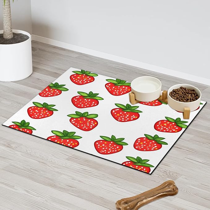 Cute Strawberry Dog Food Mat for Floors Absorbent Dog Bowl Mat for Food and Water Dispenser Quick Dry Cat Food Placemat Pet Supplies 16" x 24", Red Fruit
