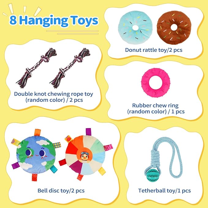 Liitrton Puppy Play Gym - Small Dogs Play Gym with 8 Hanging Toys, Indoor Puppy Jungle Gym with Interactive Dog Enrichment Toys, 19.5"x19.5"x19.5" PVC Frame