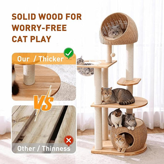 Modern Cat Tree Wood for Indoor Cats, 59-Inch Multi-Level Cat Tower with Scratching Post for Large Cats, Sturdy Cat Condo with Two Handwoven Basket and Capsule, Easy to Clean