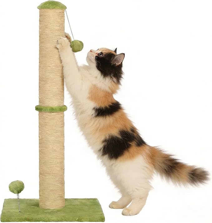 22" Small Cat Scratching Post, 3-in-1 Durable Sisal Vertical Cat Scratcher Post with Hanging Ball, Soft Fabric Stable Base Cat Scratch Pole for Kittens or Smaller Cats, Green