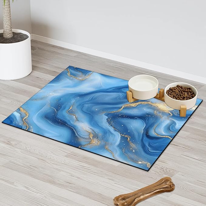 Marble Dog Food Mat for Floors Absorbent, Quick Dry Water Dispenser Mat for Food, Water, Pet Supplies 16" x 24", Blue Abstract
