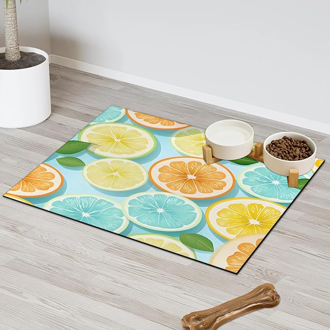 Lemon Dog Food Mat for Floors Absorbent Dog Bowl Mat for Food and Water Dispenser Quick Dry Cat Food Placemat Pet Supplies 16" x 24", Summer Fruit