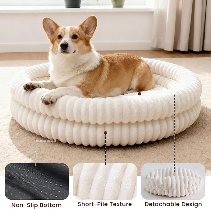 Donut Pet Bed for Cats & Small Dogs, Fluffy Warm Round Bed, Machine Washable with Anti-Slip Bottom, Indoor Use, White, 28"x28"x5"