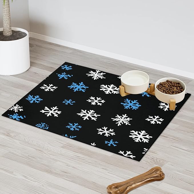 Winter Snowflake Dog Food Mat for Floors Absorbent, Quick Dry Water Dispenser Mat for Food, Water, Pet Supplies 17" x 30", Xmas