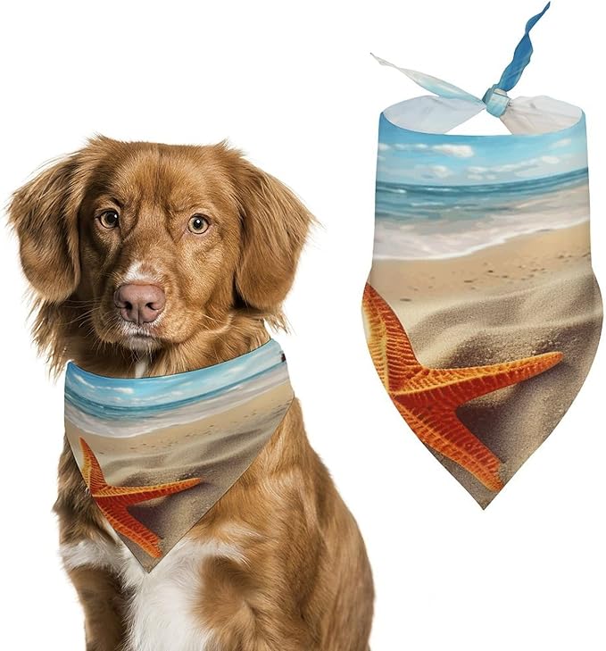 Dog Bandana Spring Pet Scarf Adjustable Triangle Sea Beach Starfish Printing Dog Bib Washable Polyester Puppy Bandana for Small Medium Large Dogs Cat Birthday Party Supplies