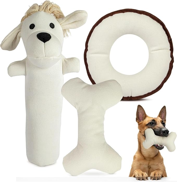 3-Pack Durable Cotton Canvas Squeaky Dog Toys – Eco-Friendly Interactive Chew Toy Set for Small to Large Dogs – Harry The Hound, T-Bone & Donut Disk