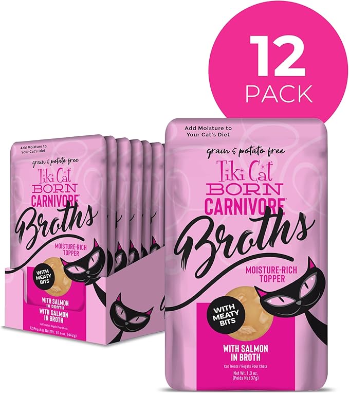 Tiki Cat Born Carnivore Broths, Salmon Recipe, Hydration and Flavor Supplement Cat Food Topper, 1.3 oz. Pouch (Pack of 12)