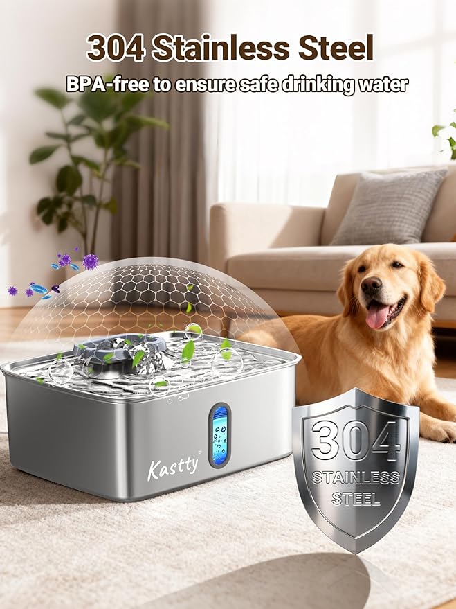 Kastty 3.96 Gal Dog Water Fountain for Large Dogs,15L Stainless Steel Large Pet Water Fountain, Ultra Quiet Automatic Dog Water Bowl Dispenser with Water Level Window and LED Light(FS78,Grey