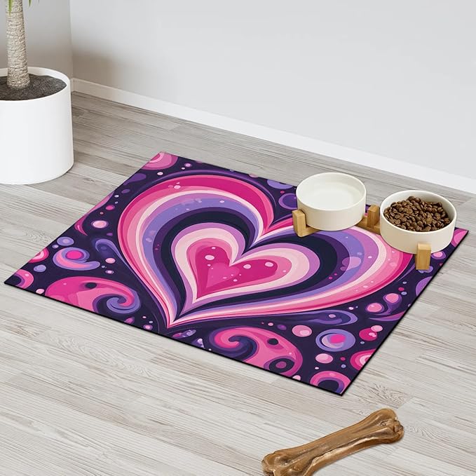 Lovely Heart Dog Food Mat for Floors Absorbent, Quick Dry Water Dispenser Mat for Food, Water, Pet Supplies 24" x 32", Valentine's Day
