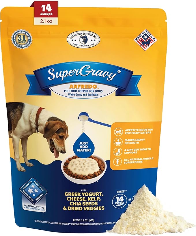 CLEAR CONSCIENCE PET® Arfredo™ SuperGravy® Natural Dog Food Gravy Topper, Hydration Broth Mix, Gluten and Grain Free Kibble Seasoning Powder Topper for Picky Eaters (2.1 oz. (14 Scoop))