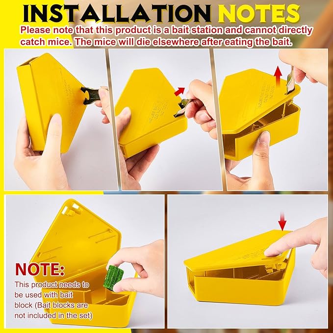 Qualirey Mice Station with Key Triangle Mouse Station Reusable Rodent Trap Box, Keeps Children and Pets Safe Indoor & Outdoor Suitable for Small Mice(Yellow,36 Pcs)