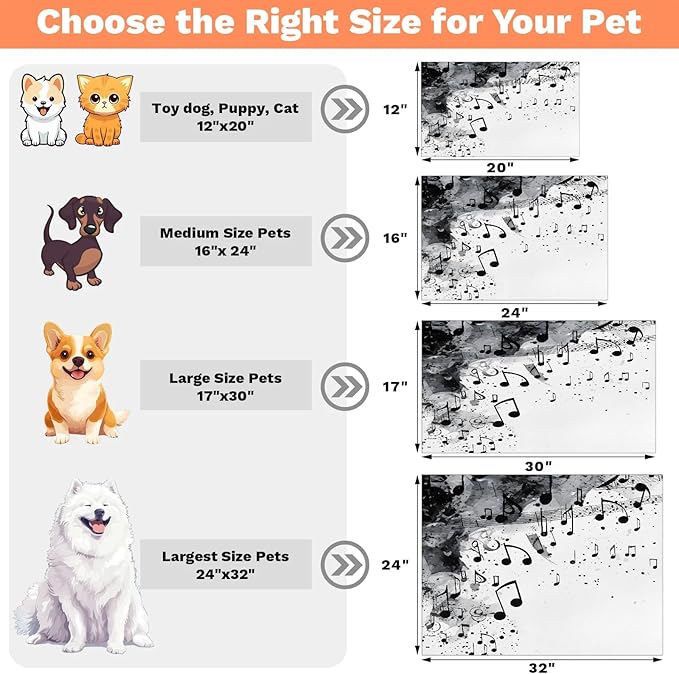 Musical Notes Dog Food Mat for Floors Absorbent Dog Bowl Mat for Food and Water Dispenser Quick Dry Cat Food Placemat Pet Supplies 12" x 20", Black Music Note