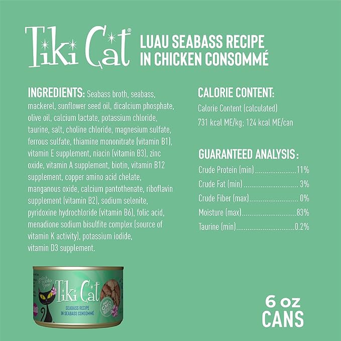 Tiki Cat Luau Shredded Meat, Seabass Recipe in Seabass Consumme, Grain-Free Balanced Nutrition Wet Canned Cat Food, For All Life Stages, 6 oz. Can (8 Count)