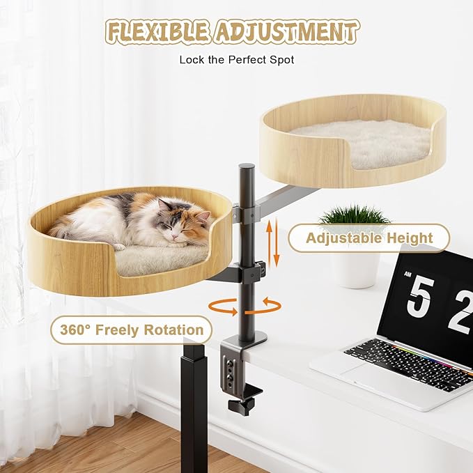 Cat Desk Bed – Cat Bed for Indoor Cats with Adjustable Height&360° Rotation, Elevated Desk Cats Beds for Table, Desktop Cat's Hammock for Small Space, Wooden Cat's Bed Desktop Kitten