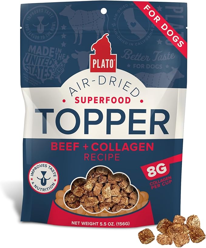 Plato Pet Treats Dog Food Toppers - Air-Dried Dog Food Toppers for Dry Food - with Collagen to Support Skin and Coat Health - Beef and Collagen Recipe 5.5oz