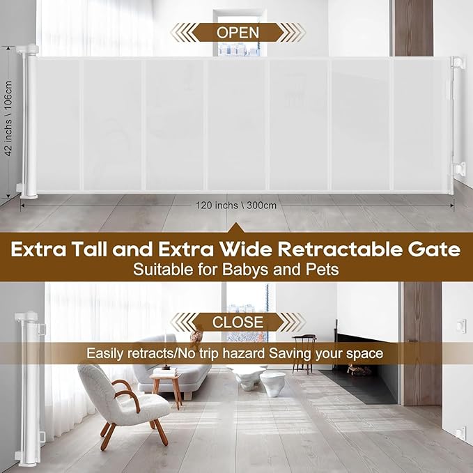 100 inch Retractable Baby Gates 42 inch Tall, Retractable Gate with Reinforced Strip Design to Prevent Crawling Through, 8 FT Extra Wide Retractable Dog Gate for Indoor/Outdoor