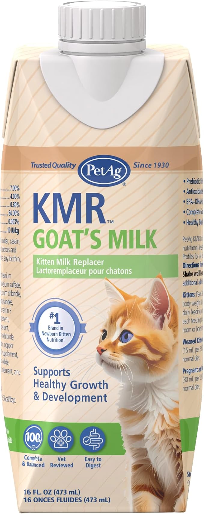 PetAg KMR Goat’s Milk Kitten Milk Replacer Liquid - 16 oz - Resealable - Ready-to-Feed Kitten Formula with Vitamins for Newborn Kittens to 1 year - Easy to Digest - Storable & Portable