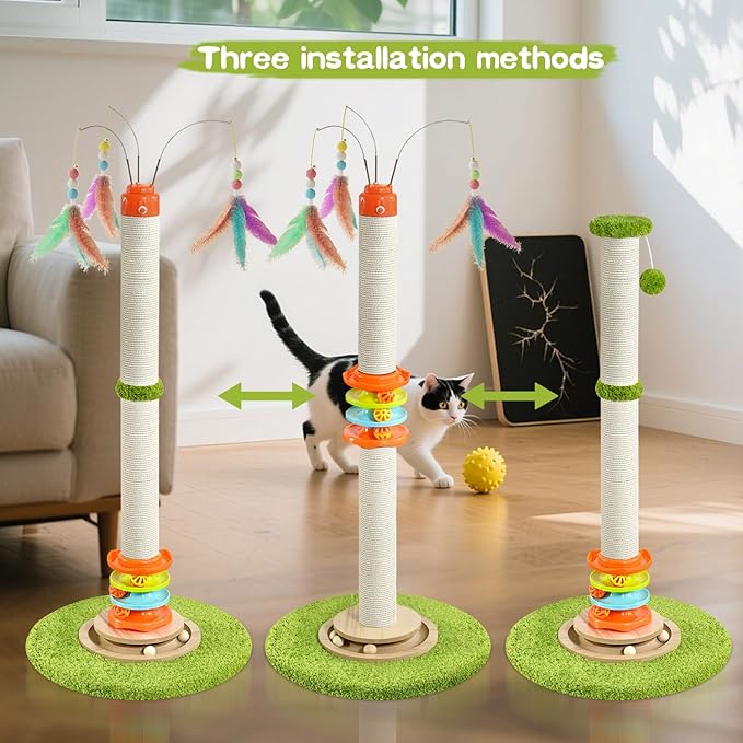 Cat Scratching Post，40'' Tall Cat Scratcher Tree Cat Toys for Indoor Cats with Cat Toys 4-Tier Roller Track，Automatically Rotating cat Teaser Wand，Hanging Balls for Kittens Adults Cats