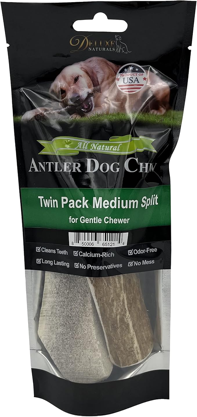 2-Pack Medium Split Elk Antler Dog Chews (5.5 to 7+ in) – All Natural, Premium Grade A, Odor-Free, USA-Sourced – Long-Lasting Dental Treats for Small Dogs Under 35 lbs