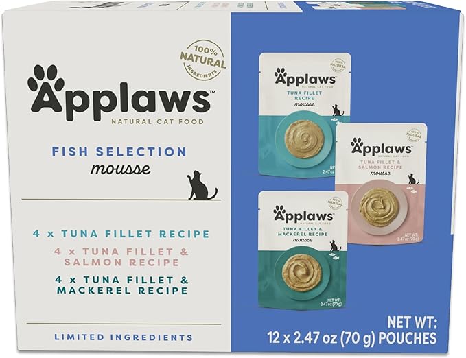 Applaws Natural Wet Cat Food in Mousse, Limited and Natural Ingredients, Grain-Free, High Protein with No Artificial Additives, Fish Variety Pack (12 x 2.47oz Pouches)