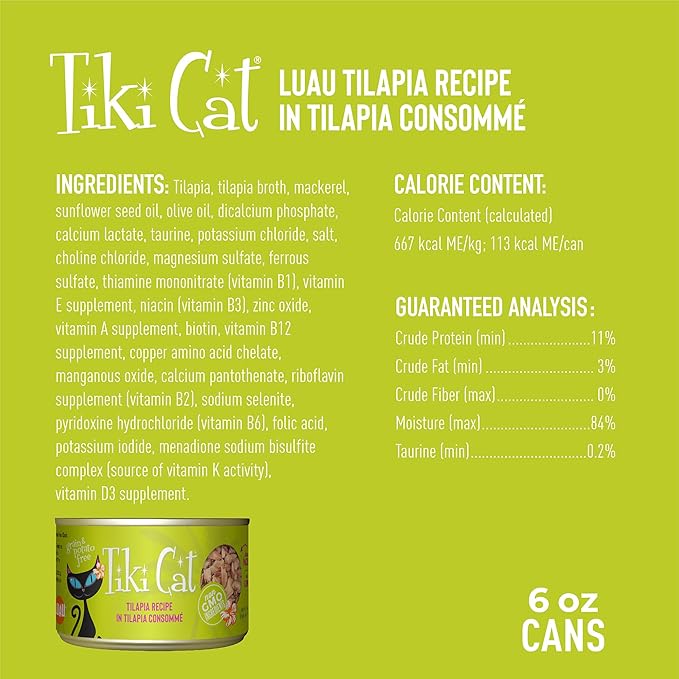 Tiki Cat Luau Shredded Meat, Tilapia Recipe in Tilapia Consumme, Grain-Free Balanced Nutrition Wet Canned Cat Food, For All Life Stages, 6 oz. Can (8 Count)