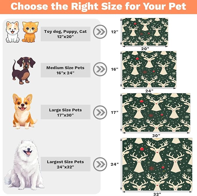 Christmas Deer Dog Food Mat for Floors Absorbent, Quick Dry Water Dispenser Mat for Food, Water, Pet Supplies 16" x 24", Winter Snowflake