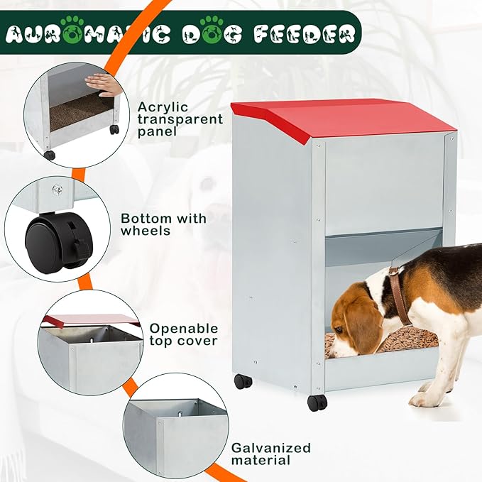 25 lb Automatic Dog Feeder for Large Breed with Wheels Galvanized Gravity Dog Food Dispenser Outdoor Pet Self Feeding, Easy to Move with Rolling Wheels