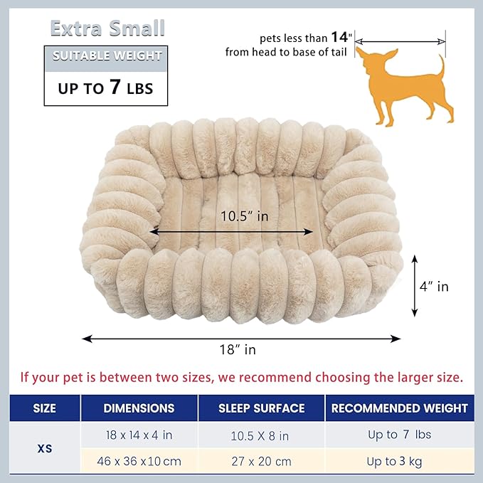 Tiny Pet Bed for Extra Small Dogs & Cats, Square Washable 18x14 Cat Bed with High Sides, Rectangle Calming Cat Beds for Indoor Kittens and Puppy, Soft Comfy Very Small Sofa for Pets Cozy Sleep, Beige