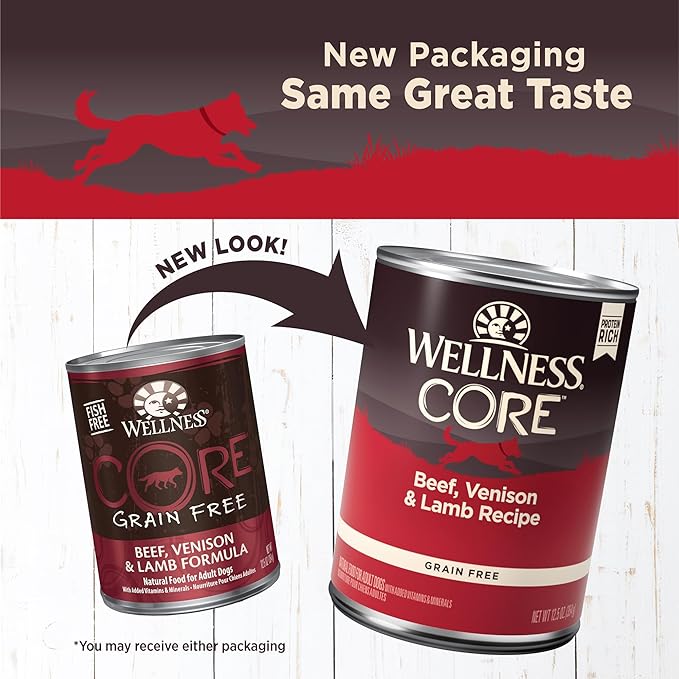 Wellness CORE Natural Wet Grain Free Canned Dog Food, Beef, Venison & Lamb, 12.5-Ounce Can (Pack of 12)