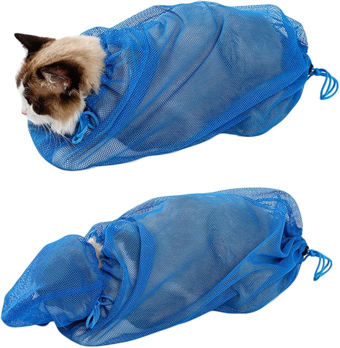 XIAOYU Cat Grooming Bag, Adjustable Cat Restraint Bag for Bathing Nail Clipping Cleaning(Head Bag + Body Bag), Blue