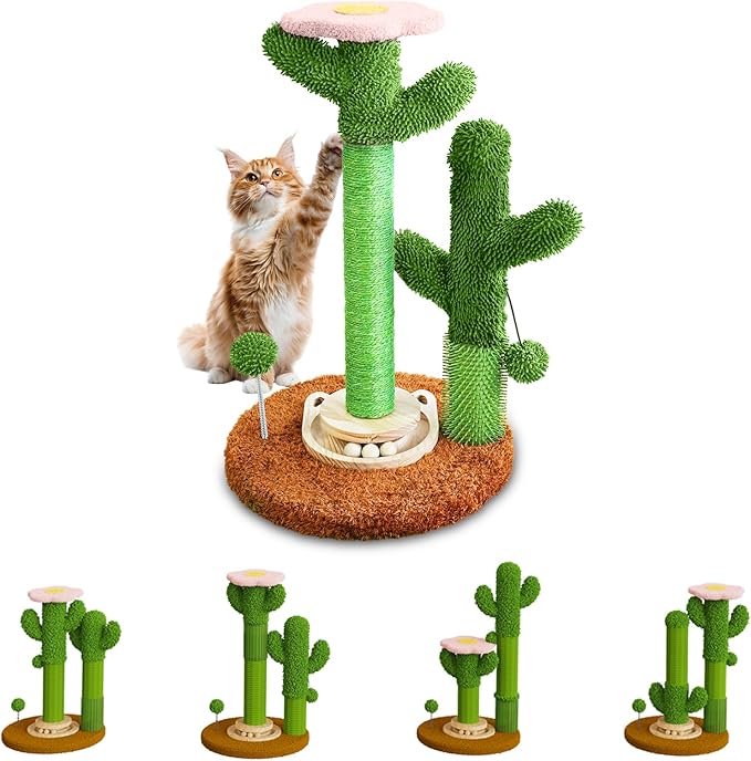 2026 New DIY 9+ Installation Styles Cactus Cat Scratching Post with Self-Grooming Brush and Ball Toy | Modular Sisal Cat Scratching Post for Indoor Cats and Kittens, Customizable Cat Furniture