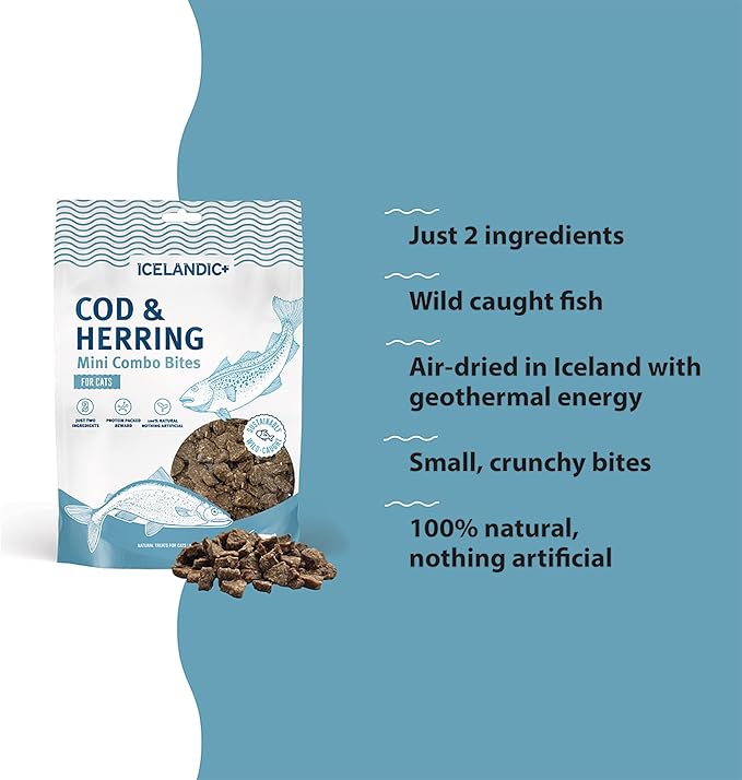 Icelandic+ Mini Combo Bites: Cod & Herring - 1.7oz Bag - Cat Treats, .25" Crunchy Bites, 2 Ingredient Natural Pet Snacks, No Fillers, Wild-Caught Fish
