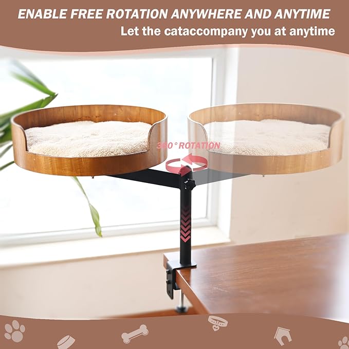 Cat Desk Bed - 360° Rotating & Adjustable Wooden Perch with Washable Pet Mat, Space-Saving Hammock for Home Office/Computer Desks (Wood)
