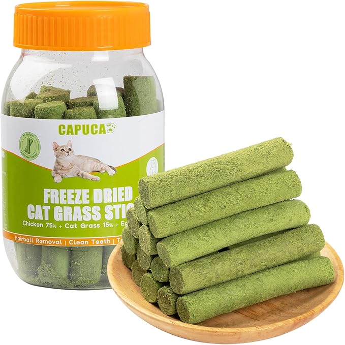 Freeze Dried Cat Grass Dental Sticks – Natural Teething Treats for Teeth Cleaning, Hairball Control & Digestion, Grain-Free Crunchy Snack (80g)